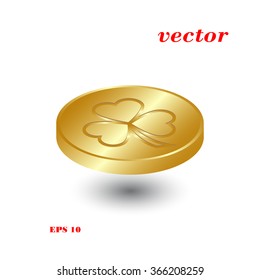 Gold coin with clover leaf, vector .  Flat design style.