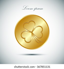 Gold coin with clover leaf, vector . Flat design style.