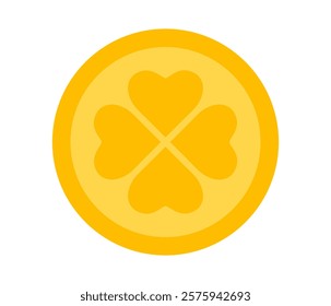 Gold coin with clover. Saint Patrick's day. Ireland holiday lucky item, fortune symbol. Leprechaun coin. Flat Vector illustration isolated on white background 