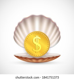 Dólar de la moneda de oro en la concha. Icono aislado en fondo blanco. Ilustración vectorial.