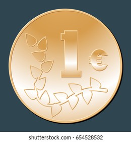 Gold coin in denomination of 1 (one) Euro on a dark green background.
