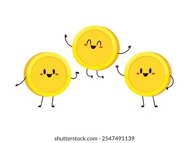 Gold coin in different poses. Money coin character. Funny vector cartoon characters isolated on white background.