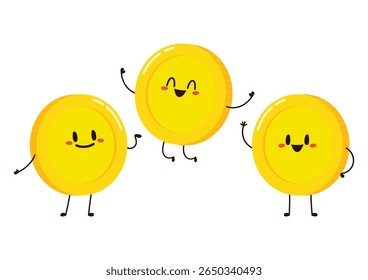 Gold coin in different poses. Money coin character. Funny vector cartoon characters isolated on white background.