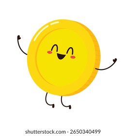 Gold coin in different poses. Money coin character. Funny vector cartoon characters isolated on white background.
