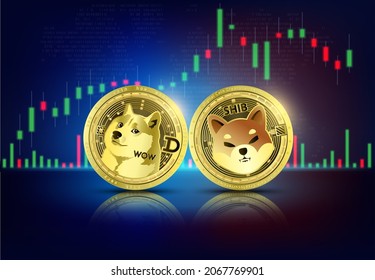 Gold coin Dogecoin (DOGE) and Shiba inu (SHIB) on world map. Cryptocurrency. Stock market growth competition Big data information mining technology. Internet electronic payment futuristic. 3D vector.