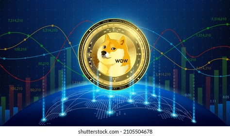 Gold coin Dogecoin on world map. Cryptocurrency. Stock market growth competition. Global connection suitable for financial investment or crypto currency trends business. 3D vector. svg