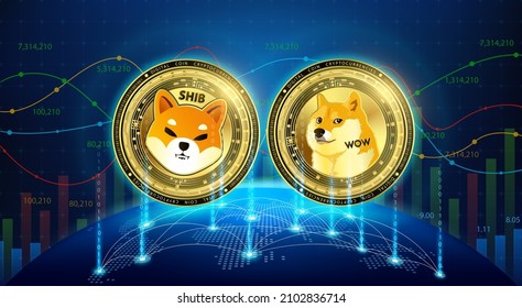 Gold coin Dogecoin and Shiba inu on world map. Cryptocurrency. Stock market growth competition. Global connection suitable for financial investment or crypto currency trends business. 3D vector.