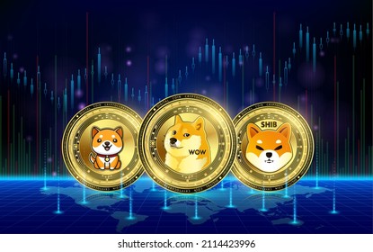 Gold coin Dogecoin, Shiba inu and Baby doge on world map. Cryptocurrency. Blockchain stock market growth. Big data information mining technology. Internet electronic payment futuristic. 3D vector.