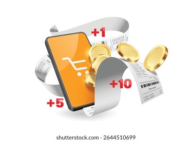 Gold coin or dollar comes out from smartphone with receipt or invoice paper after paying or buying online for advertising promotion design Cash back or Get coin or digital banking, vector 3d isolated