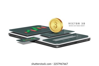 Gold coin or dollar coin laying on smartphone screen that is Examples of application templates for trading stocks or trading  cryptocurrency,vector 3d isolated for Finance and investment on digital