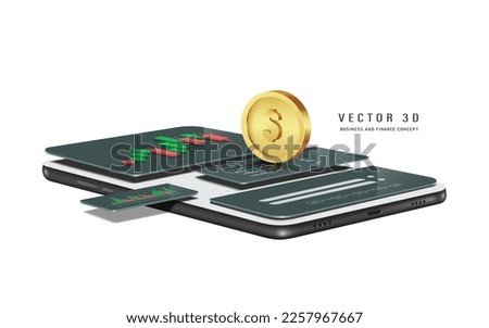 Gold coin or dollar coin laying on smartphone screen that is Examples of application templates for trading stocks or trading  cryptocurrency,vector 3d isolated for Finance and investment on digital
