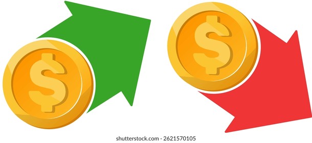 moeda de ouro com sinal de dólar e seta para cima e para baixo, preço ou taxa de dinheiro. Ilustração do vetor de estoque