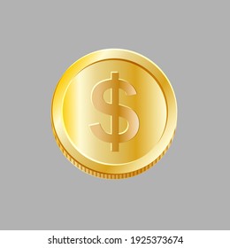 Gold coin with dollar sign isolated on grey background. Vector illustration