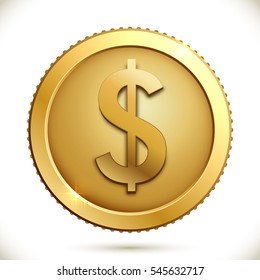 Gold coin with dollar sign on white background.