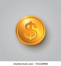 Gold coin with dollar sign on a transparent background. 3d realistic gold coin. Vector illustration isolated. World currencies