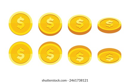 Gold coin with dollar sign rotation vector illustration set isolated on white background. Business and finance concept design element.