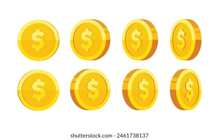 Gold coin with dollar sign rotation vector illustration set isolated on white background. Business and finance concept design element.