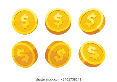 Gold coin with dollar sign rotation vector illustration set isolated on white background. Business and finance concept design element.