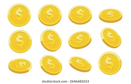 Gold coin with dollar sign rotation vector illustration set isolated on white background. Business and finance concept design element. Gold coins of different shapes. Dollar coins rotating