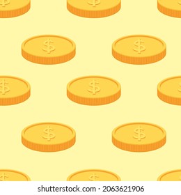 Gold coin with dollar sign. Seamless vector pattern.