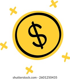 Gold Coin with Dollar Sign and Sparkle Accents