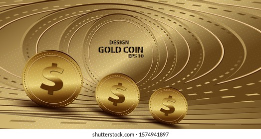 Gold coin with dollar sign vector realistic illustration isolated on gold background