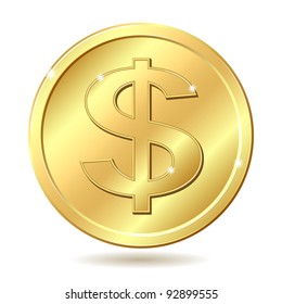 Gold Coin With Dollar Sign. Vector Illustration Isolated On White Background