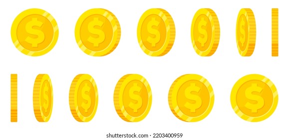 Gold coin dollar  turn around different position set for game or apps animation. Bingo jackpot casino poker win rotation elements.
Vector illustration cartoon flat icon isolated on white background.