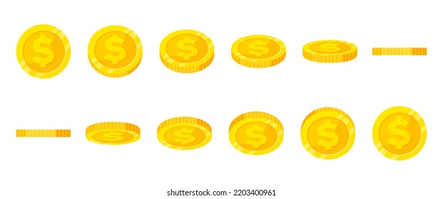 Gold coin dollar  turn around different position set for game or apps animation.