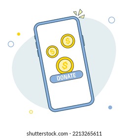 Moneda de oro y botón de donación en la pantalla del smartphone. Caridad moderna, conceptos de donación. Ilustración vectorial de diseño plano