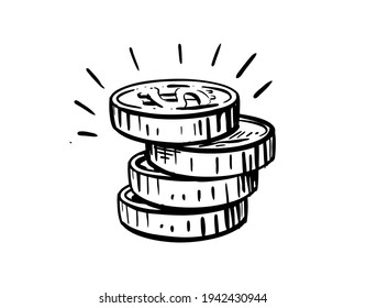 Gold Coin Doodle. Sketch style icon. Stack of Money Drawing 