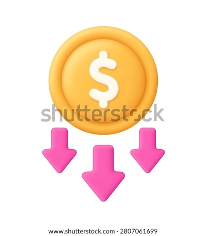 Gold coin with downward arrows. Price reduction, financial decline, market downturn, lower costs, investment loss, economic slowdown and falling value concept. 3d vector icon. Cartoon minimal style.