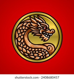 A gold coin with a dragon made of wood in the middle