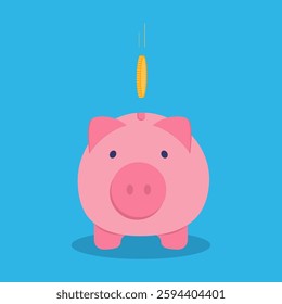 Gold coin is dropping into a pink piggy bank. Savings, investment, and financial planning.