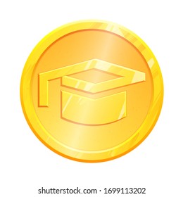 Gold coin Education vector concept. Graduation cap metal icon. Symbol achievement illustration sign isolated on white background. Graphic hat Knowledge pictogramm. Angular design of academic degree.