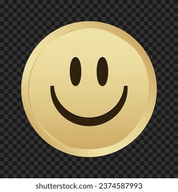 Gold coin emoji happy face vector. Retro 80s emoli icon golden token