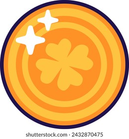 Moneda de oro grabada con trébol mágico de cuatro hojas. Elemento festivo tradicional, atributos del día de San Patricio. Búsqueda del tesoro para el duende fabuloso. Icono de vector de dibujos animados aislado sobre fondo blanco