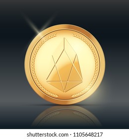 Gold coin with EOS cryptocurrency sign on dark background. Blockchain technology and token symbol. Vector Illustration