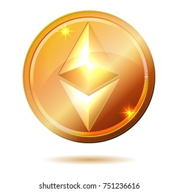 gold coin ethereum crypto currency on white background, EPS 10