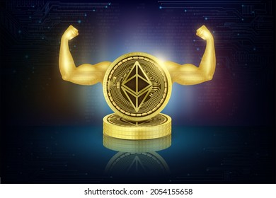 Moneda de oro Ethereum ETH, Bitcoin en el mapa del mundo. Criptodivisa con poderosos brazos que muestran músculos fuertes dorados. El pago electrónico de la tecnología de minería de datos masivos es futurista. vector 3D.