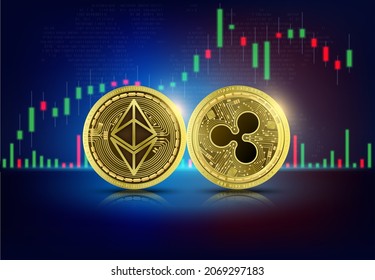 Gold coin Ethereum and Ripple on world map. Cryptocurrency. Blockchain stock market growth . Big data information mining technology. Internet electronic payment futuristic. 3D vector.