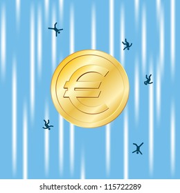 Gold coin with Euro currency sign free falling with several unlucky people.