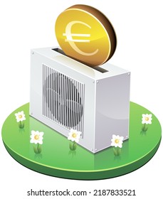 A gold coin with the euro currency symbol is inserted into a heat pump lying on a piece of lawn like a piggy bank