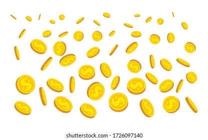 Gold coin fall, flat cartoon style. Golden coins rain. Bank currency shining sign flying in air. Hundreds cash different position. Isolated vector illustration