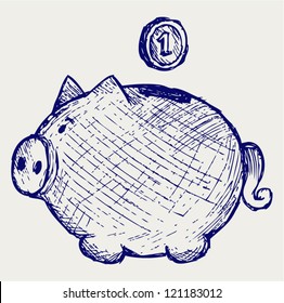 Gold coin fall into a piggy bank. Doodle style
