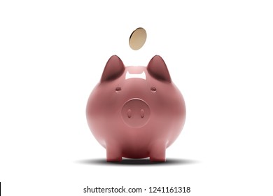 Gold coin fall in the piggy bank. Isolated on white background. Symbol of profitable New Year and growth. Realistic rendering vector for advertising. Pink Ceramic Money Box for security of money 