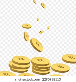 Gold coin falling to ground vector illustration |akshaya tritiya 2023|stack of Golden dollar coins png icon |Dollar falling icon transparent background |3D rendering 