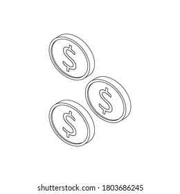 Moneda de oro caída a la izquierda Vista del icono Esquema negro isométrico. Ilustración vectorial de estilo plano.