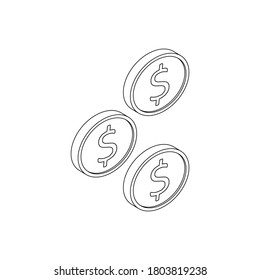 Moneda de oro que cae a la derecha Vista del icono Esquema negro vectorial isométrico. Ilustración vectorial de estilo plano.