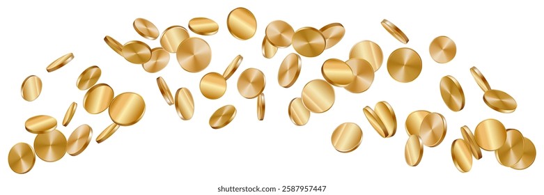 Gold coin falling top view. 3d money vector isolated casino dollar background. Cash spin golden rain insurance badge. Currency rotate game realistic illustration render. Treasure jackpot flying bank.